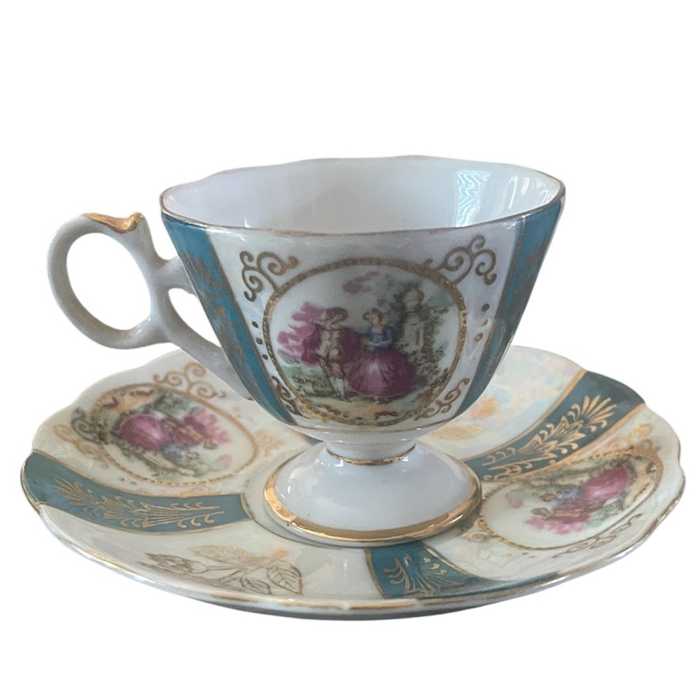 VTG Royal Sealy Japan Opalescent Scalloped Footed Tea Cup Saucer Country Couple